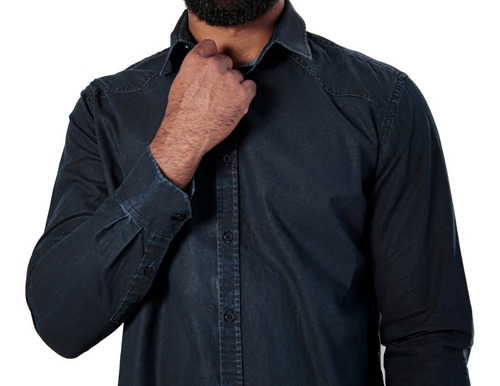 Imagem 4 de 5 de Camisa Jeans Masculina Manga Longa Slim Fit Black Estonada