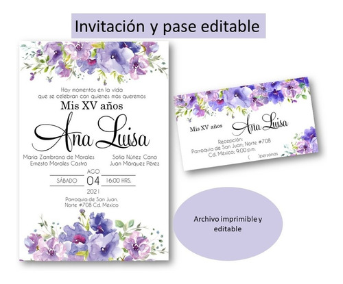 Imprimible Invitación Xv Años Flores  Lila Morado Editable