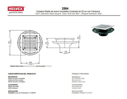 Coladera Cuadrada De Acero Inoxidable Helvex Modelo 2584