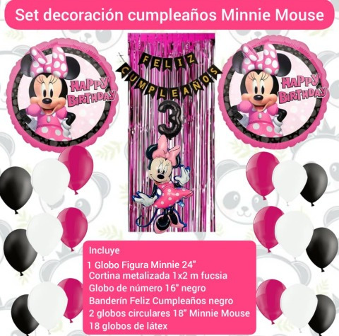 Combo Decoración Cumpleaños Globos Cortina Minnie Banderín 