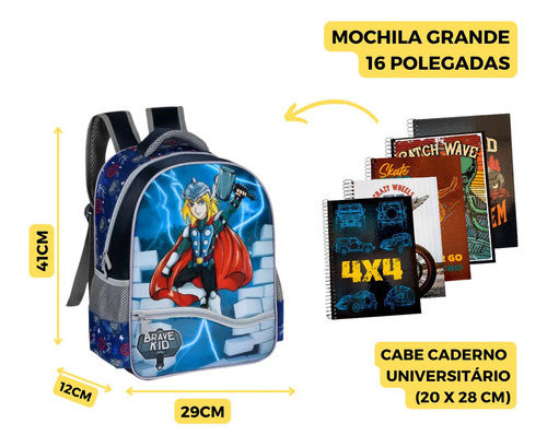 Mochila Costas Herói Com Martelo Escolar Meninos Infantil Cor Azul