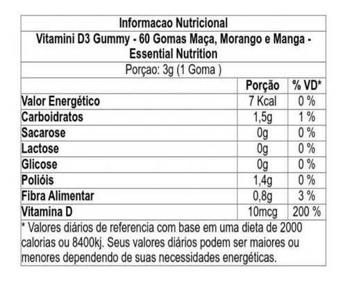 Vitamini D3 (60 Gomas 3g) 180g Essential Nutrition Sabor Morango/Manga/Maçã verde