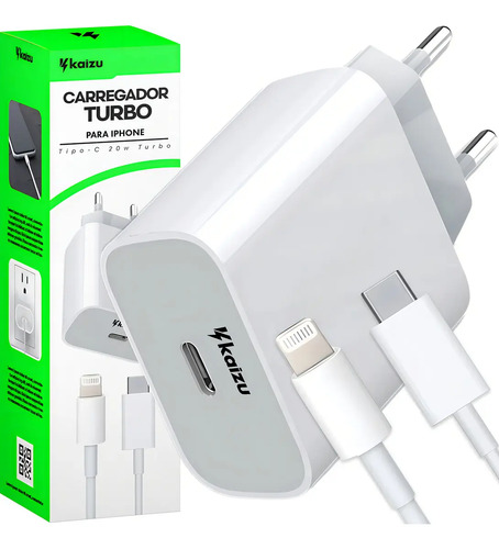 Carregador Turbo 20W Kaizu Para iPhone USB-C Lightning Bivolt Branco