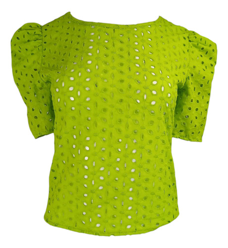 Blusa Dama Algodón Calada Manga Globo Verano Casual Fresca
