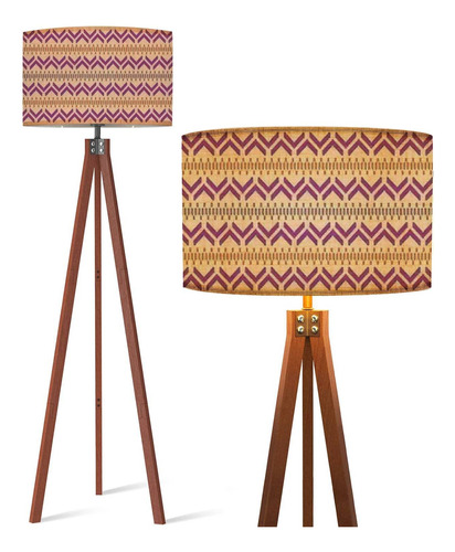 Lampara Pie Tripode Madera Etnica Abstracta Ikat Art Morado