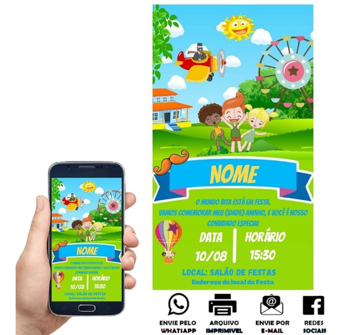 Imagem 6 de 10 de Convite Aniversario Mundo Bita Azul Digital Virtual Whatsapp