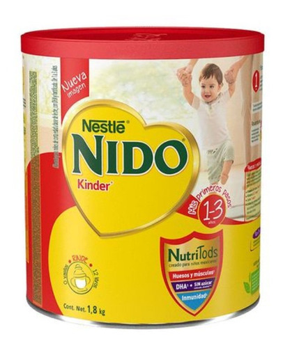 Leche de fórmula en polvo sin TACC Nestlé Nido Kinder en lata de 1.8kg - 12 meses a 3 años