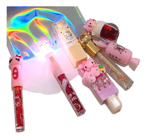 Kit De 7 Gloss Labiales Hello Kitty Favor Beauty Mujer Bella Multicolor Y Transparente