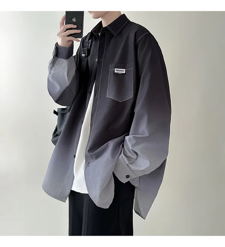 Camisa De Manga Larga Degradada, Corte Holgado Casual Para H