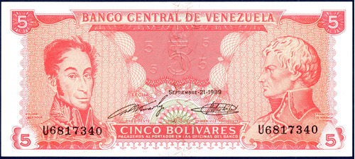 Billete 5 Bolívares U7 Septiembre 21 1989 Bolívar Y Miranda