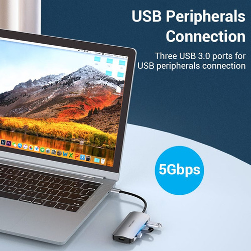 Hub USB Multipuerto Vention - 5 en 1 - Usb C A HDMI + 3 Puertos Usb 3.0 + Power delivery USB C 100W - 4K 30Hz - Carcasa Aluminio - 15 CM - Premium Para Teclado / Disco rigido / Mac / Laptop - TODHB