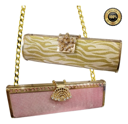 Cartera Para Fiesta De Gala Metálica Dorado Con Brillantes 