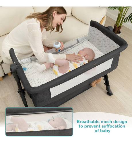 Baby Bassinet Bedside Sleeper 3-in-1 W/ Wheels & Storage Gre