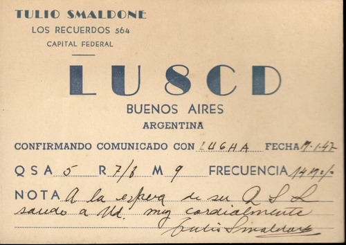 Tarjeta Qsl - De Lu8cd A Lu6ha (año 1947)