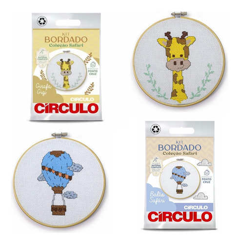 Coleção Bordado Círculo 2 Kits Safari Completos Ponto Cruz