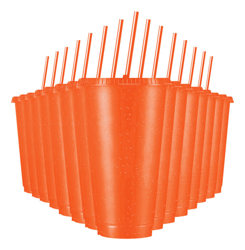 Vasos Reutilizables De 24 Oz Con Tapa Y Popote, 15 Piezas Color Naranja