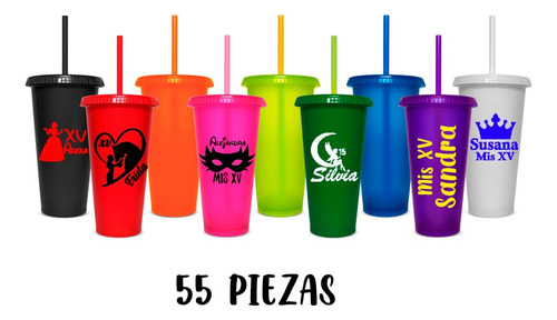 55pzas Vasos - Recuerdo Para Xv Años Con Tapa Y Popote 24oz