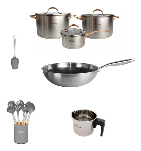 Set Ollas Wok Jarro Utensilios Acero Inox Golden Inducción. 