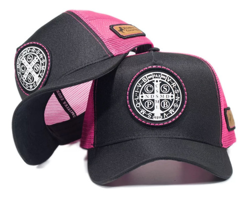 Boné Trucker Medalha Cruz São Bento Aba Curva Preto Telinha