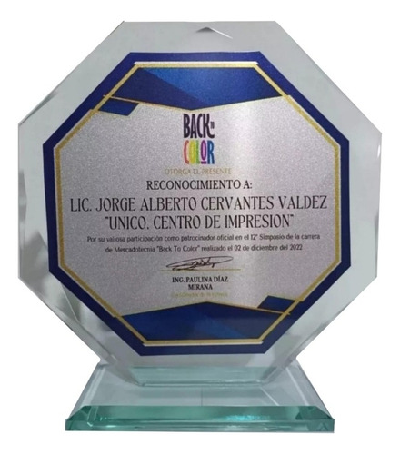 Reconocimiento De Vidrio Con Placa Personalizada 3pzs
