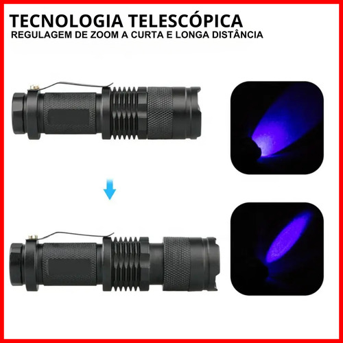 Lanterna Uv Ultravioleta Led Unhas Escorpião Notas Falsas Recarregável Tática Potente Com Zoom Multi9dad3s