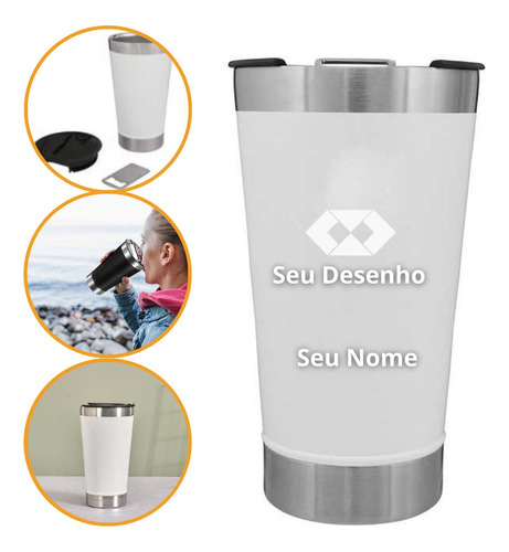 Copo Térmico 473ml Personalizado Nome Desenho C/ Tampa Cor Branco Liso