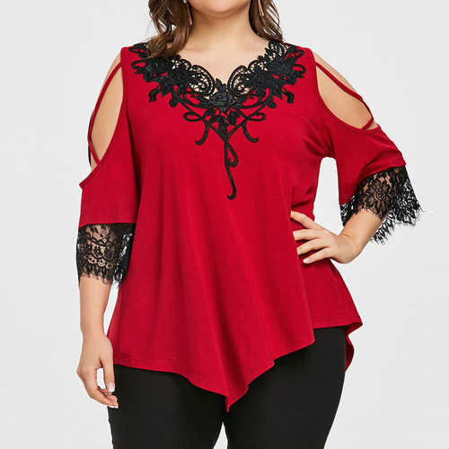 Camiseta Casual De Encaje Con Hombros Descubiertos De Talla