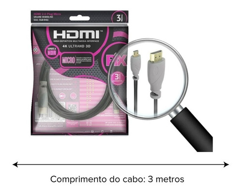 Imagem 5 de 5 de Cabo Micro Hdmi X Hdmi 2.0 4k Hdr 19p 3m Go Pro 018-9411