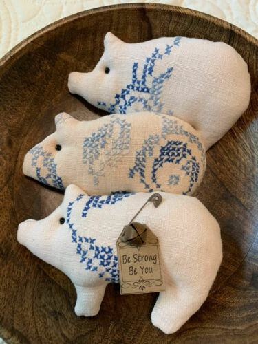 3 Primitive Antique Embroidered Linen Pigs  Bowl Filler Or