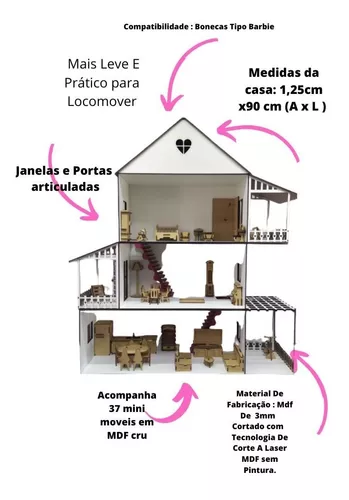 Tamanhos, Medidas e Dimensões】→ Casa Casinha para Boneca Barbie com 24 Mini  Móveis em Mdf Cru Csb1