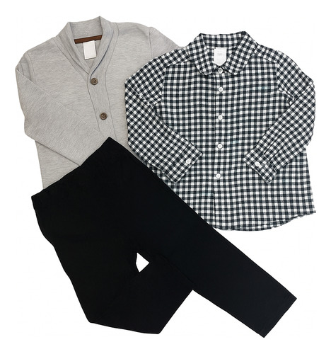 Conjunto Masculino 3 Pçs Infantil Camisa Xadrez Ever & Ever Preto E Branco 3 Anos