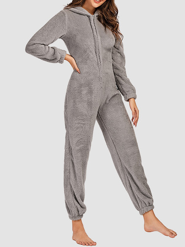 Imagem 6 de 9 de Pijama De Lã Feminino Fofo Macacão Com Capuz Com Zíper Front