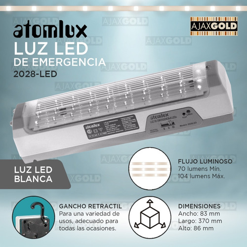 Imagen 3 de 5 de Luz Emergencia Atomlux 30 Led 24hs De Uso Fria Bateria Corte