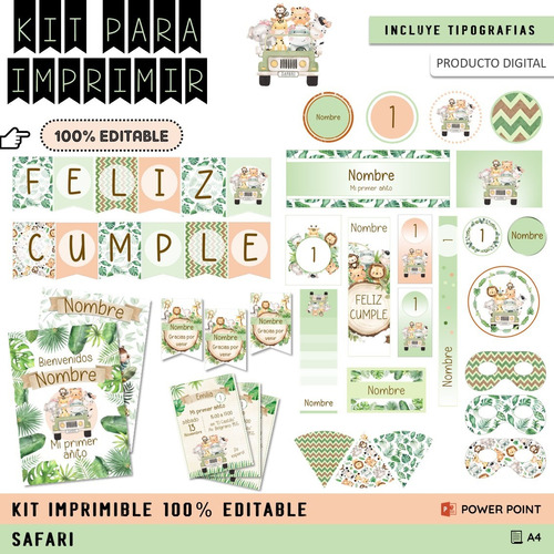 Kit Imprimible Cumple + Candy Editable - Safari