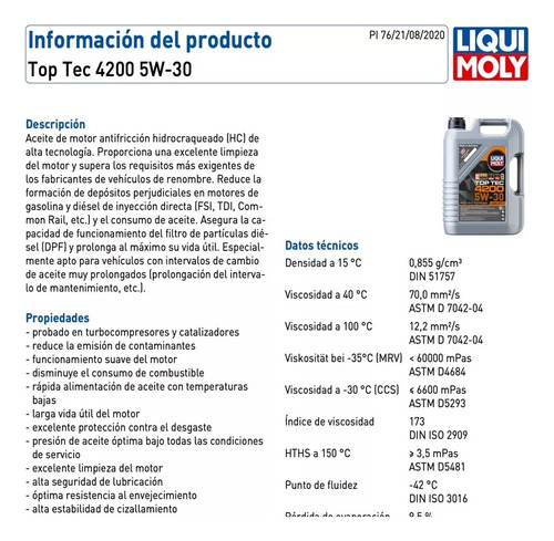 Aceite Liqui Moly Top Tec 4200 5w30 4l Sintetico German
