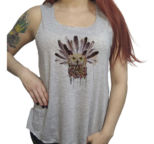 Musculosa Acampanada Buho Con Plumas Watercolor