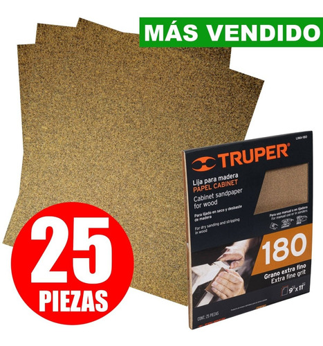 Lija Para Madera 25 Piezas Grano 180 Papel Cabinet C11614