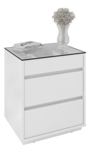 Mesa Cabeceira Tampo Vidro 50cm 3 Gav Belize C14 Branco Acabamento Print Wood