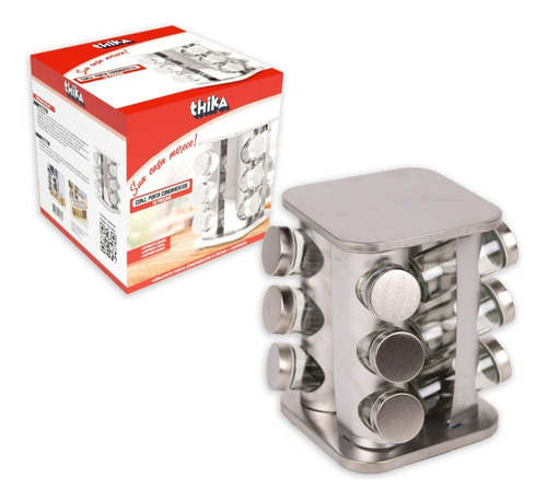 Porta Temperos Giratório Inox 13 Peças Com 12 Potes De Vidro