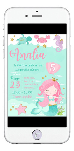 Invitación Cumpleaños Tarjeta Digital Sirena Sirenita 