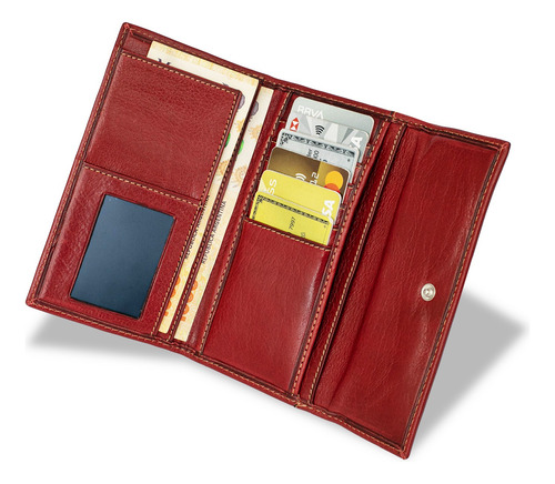 Billetera Cuero Mujer Tarjetero Largo Clasico Boton Briganti Rojo Lisa