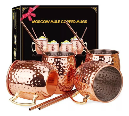 . 4 Tazas De Cobre Martilladas Moscú Con 4 Pajitas De Cobre