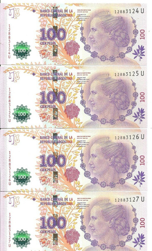 Lote:4 Billetes 100 Pesos Evita Serie U  Correlativos S/c.