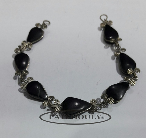 Imagen 2 de 6 de Pulsera 7 Piedras Obsidiana Alpaca Gota/lagrima Hecha Mano