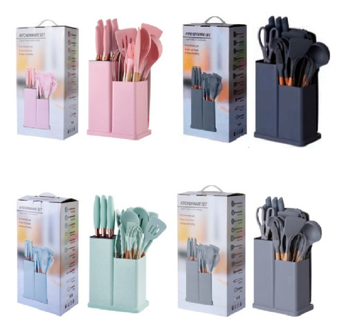 Conjunto Com 19 Utensílios Cozinha Silicone Concha Cor Cinza