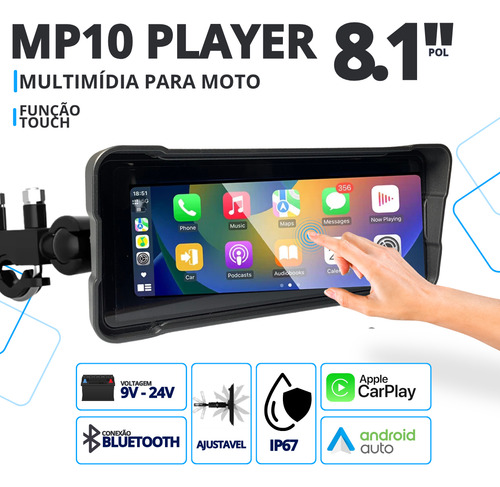 Multimídia Universal 8.1 Pol Moto, Carplay Android + Ip67