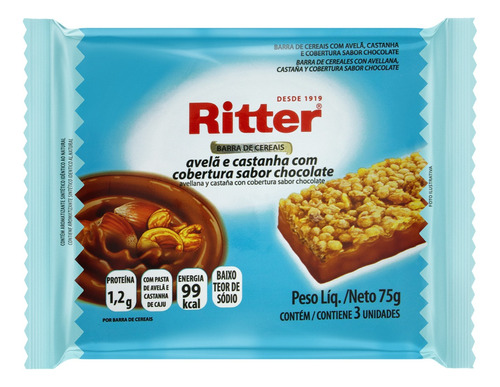 Pack Barra de Cereal Avelã e Castanha Cobertura Chocolate Ritter Pacote 75g 3 Unidades