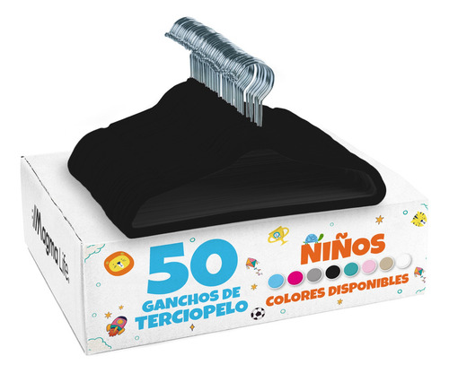 Magma Life 50 Ganchos de Terciopelo para Ropa Infantil, Gancho Plateado Giratorio de 360 Grados, Adecuado para Todo Tipo de Ropa, Antideslizante, 35 cm de Largo (Negro)