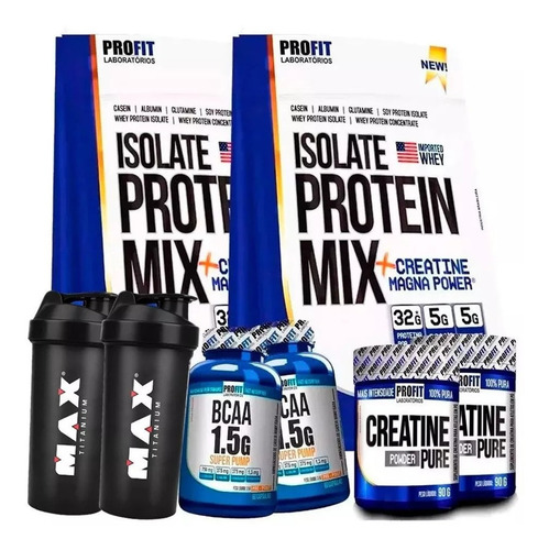 Kit 2 Whey Isolado Profit 900g + 2 Bcaa 2 Creatina 2 Shaker