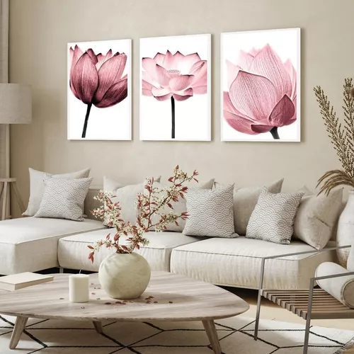 Quadro Decorativo Flores Rosa Fundo Pb Sala Casa Com Moldura